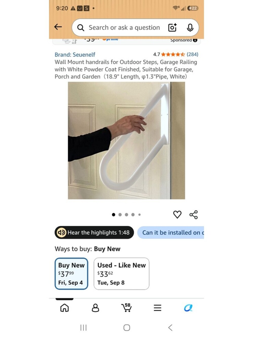 Seuenlf U-Shaped Wall Mount Handrail for Outdoor Steps, Garage Railing with Pola